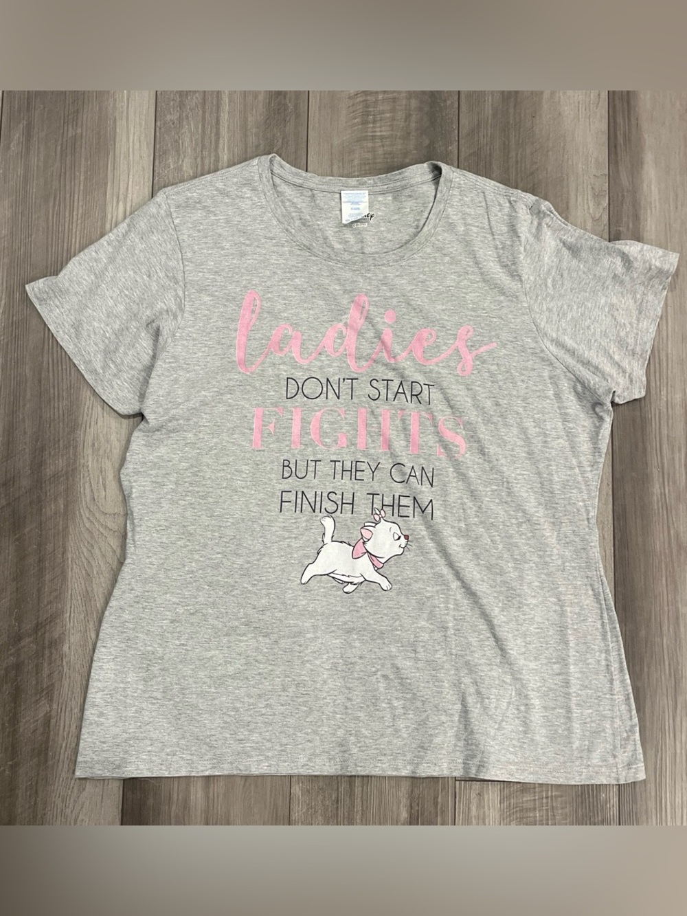 Disney Gray Tee with Pink Script & Cat Graphic